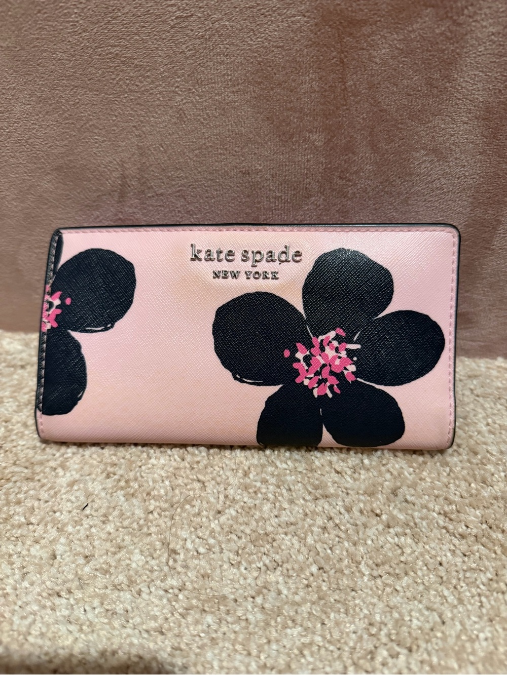 kate spade Pink Floral Zip Continental Wallet with Black Blooms